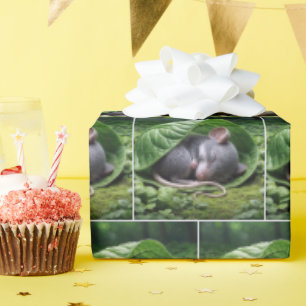 Mouse Sleeping In a Green Leaf Wrapping Paper