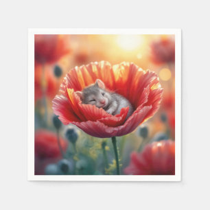 Mouse Sleeping In a Red Poppy Flower Napkins