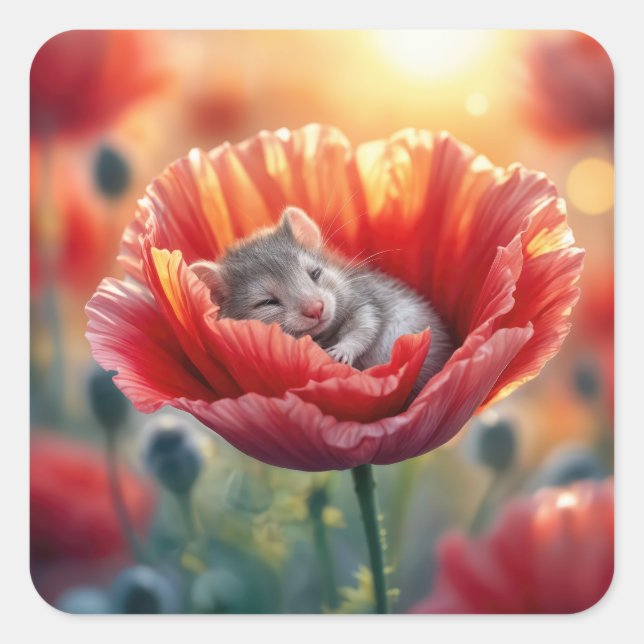 Mouse Sleeping In a Red Poppy Flower Square Sticker (Front)