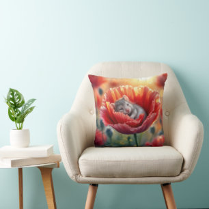 Mouse Sleeping In a Red Poppy Flower Throw Pillow