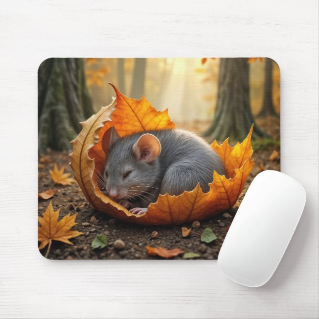 Mouse Sleeping In an Autumn Leaf Mouse Pad (With Mouse)