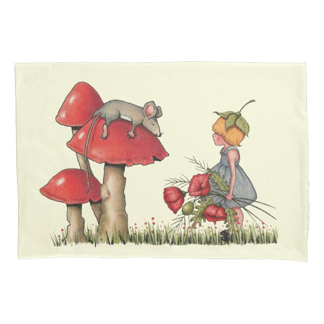Mouse Sleeping on a Toadstool, Girl with Poppies Pillow Case (Front)
