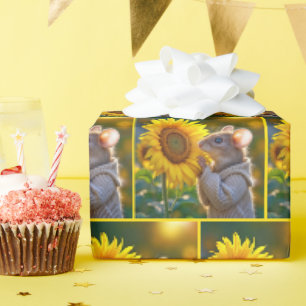 Mouse Smelling an Autumn Sunflower Wrapping Paper
