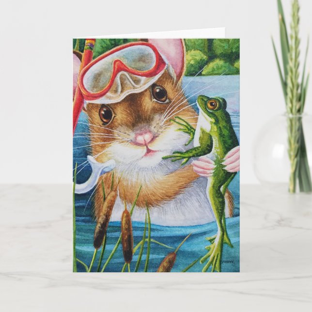 Mouse Snorkel & Mask With Bullfrog Watercolor Art Card (Front)