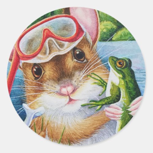 Mouse Snorkel  Mask With Bullfrog Watercolor Art Classic Round Sticker