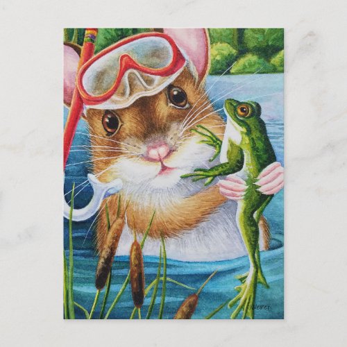 Mouse Snorkel  Mask With Bullfrog Watercolor Art Postcard