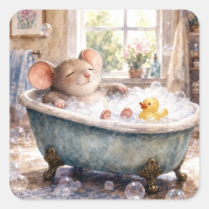 Mouse Taking a Bubble Bath Square Sticker