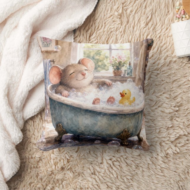 Mouse Taking a Bubble Bath Throw Pillow (Blanket)