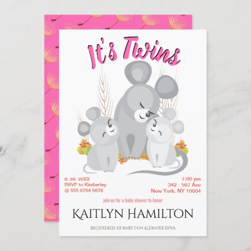 Mouse Twins Girl Mother Baby Shower Woodland Mouse Invitation