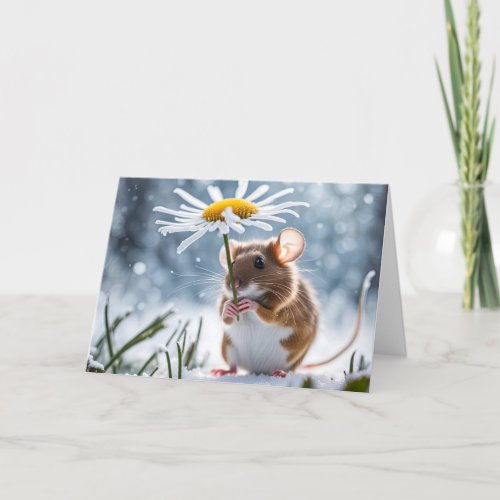 Mouse Under a White Daisy In Snow Card