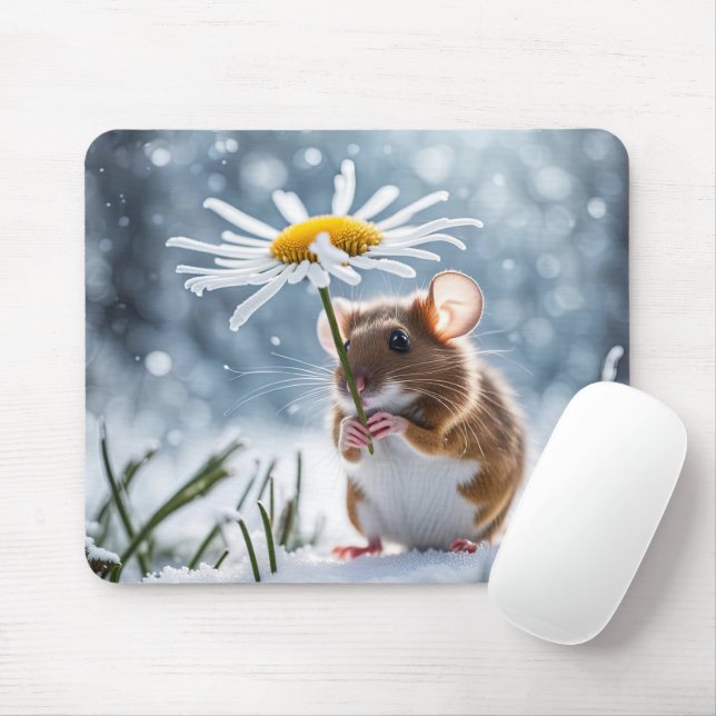 Mouse Under a White Daisy In Snow Mouse Pad (With Mouse)