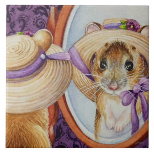 Mouse Wearing Spring Bonnet Mirror Watercolor Art Ceramic Tile