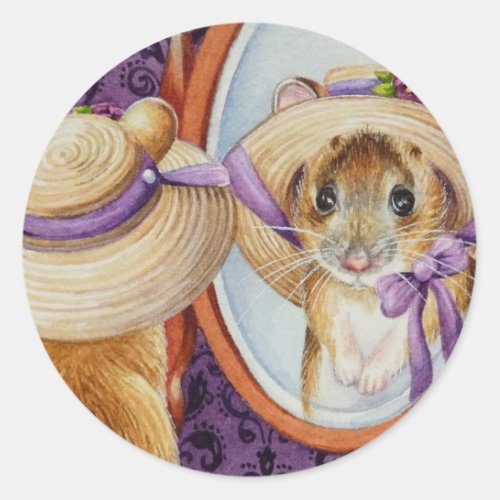 Mouse Wearing Spring Bonnet Mirror Watercolor Art Classic Round Sticker