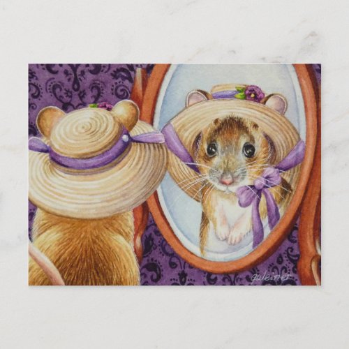 Mouse Wearing Spring Bonnet Mirror Watercolor Art Postcard