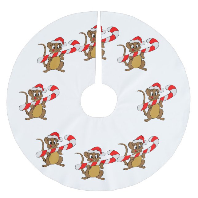 Mouse with a Christmas candy cane Brushed Polyester Tree Skirt (Front)