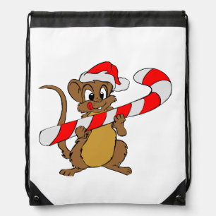 Mouse with a Christmas candy cane Drawstring Bag