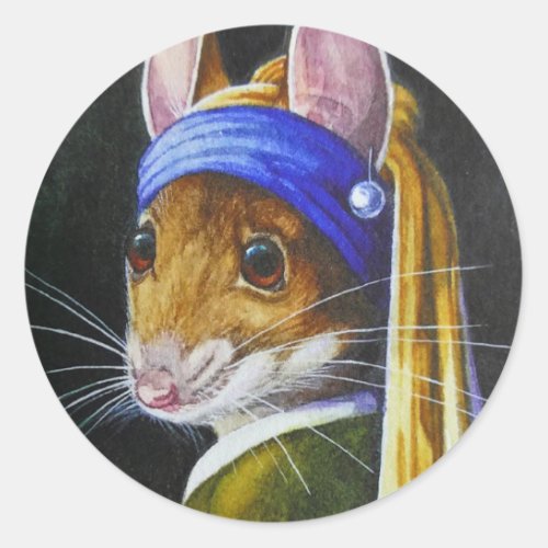 Mouse with a Pearl Earring Parody Watercolor Art Classic Round Sticker