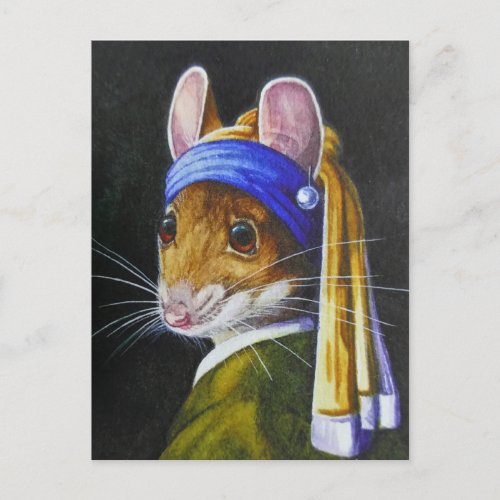 Mouse with a Pearl Earring Parody Watercolor Art Postcard