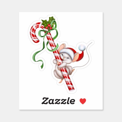 Mouse With Candy Cane Cute Christmas Sticker