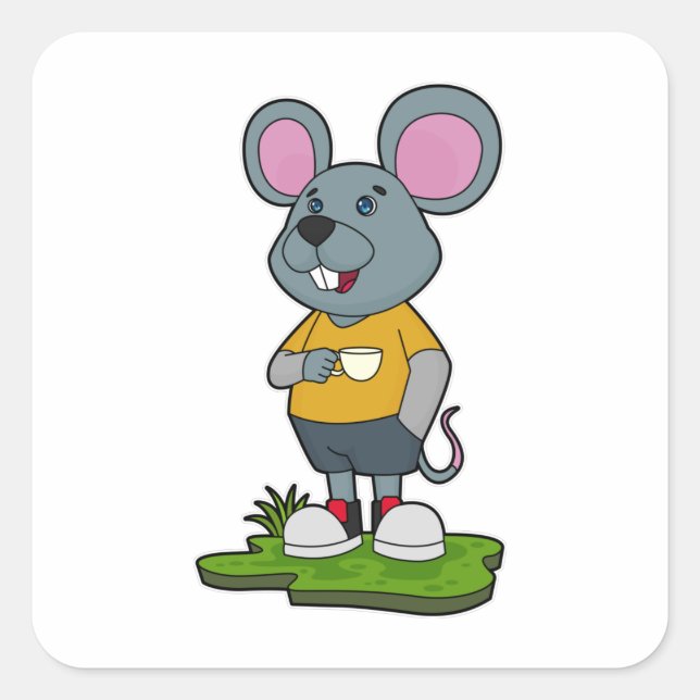 Mouse with Coffee cup Square Sticker (Front)