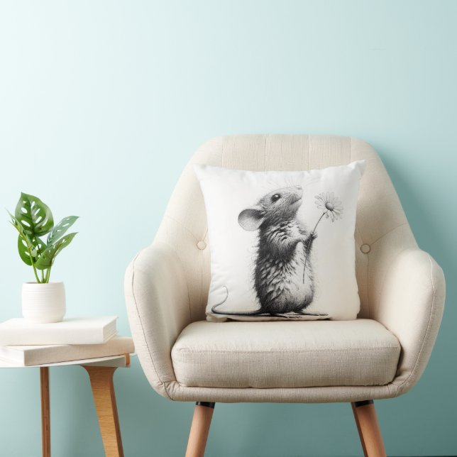 Mouse With Daisy Sketch Throw Pillow (Chair)