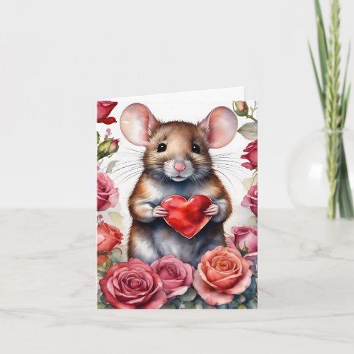 Mouse with Heart and Roses Card