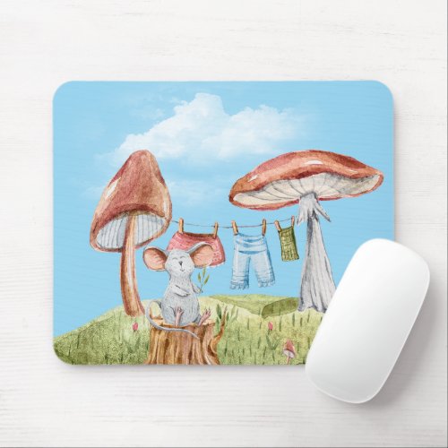 Mouse with Mushroom Clothesline Mouse Pad