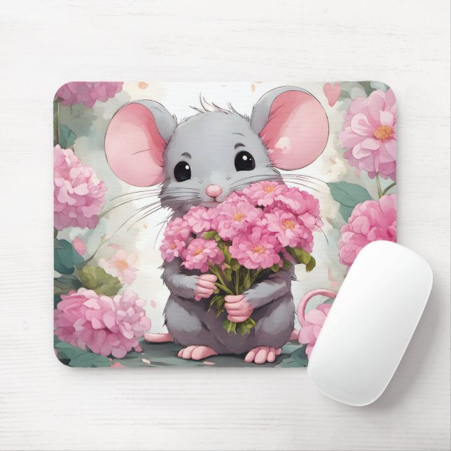 Mouse With Pink Flower Bouquet Pad (With Mouse)
