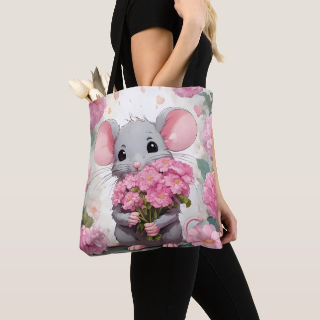 Mouse With Pink Flower Bouquet Tote Bag (Close Up)