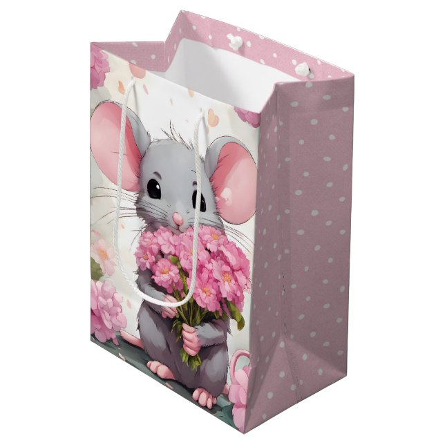 Mouse With Pink Flowers and Polka Dots Medium Gift Bag (Front Angled)