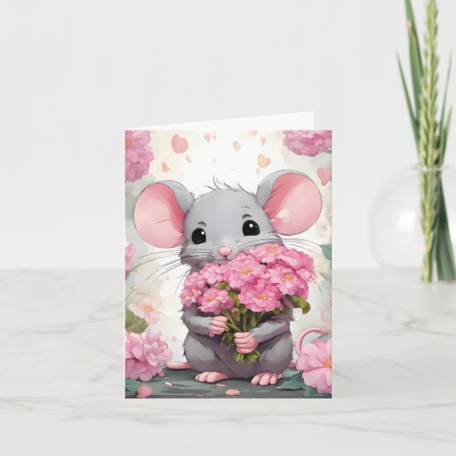 Mouse With Pink Flowers Note Card (Front)