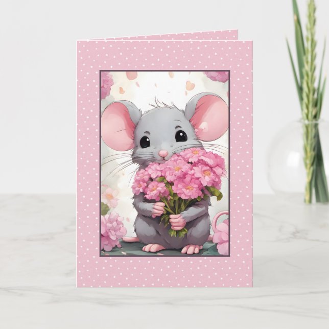Mouse With Pink Flowers On Polka Dots Card (Front)