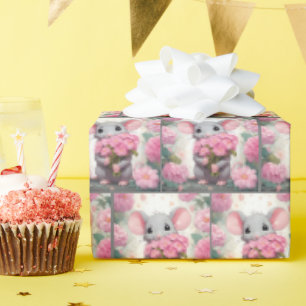 Mouse With Pink Flowers Wrapping Paper