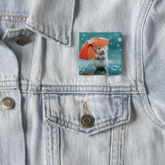 Mouse with Umbrella in Rain: Cute Rainy Day Scene Button (In Situ)