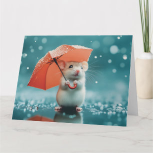 Mouse with Umbrella in Rain: Cute Rainy Day Scene Card