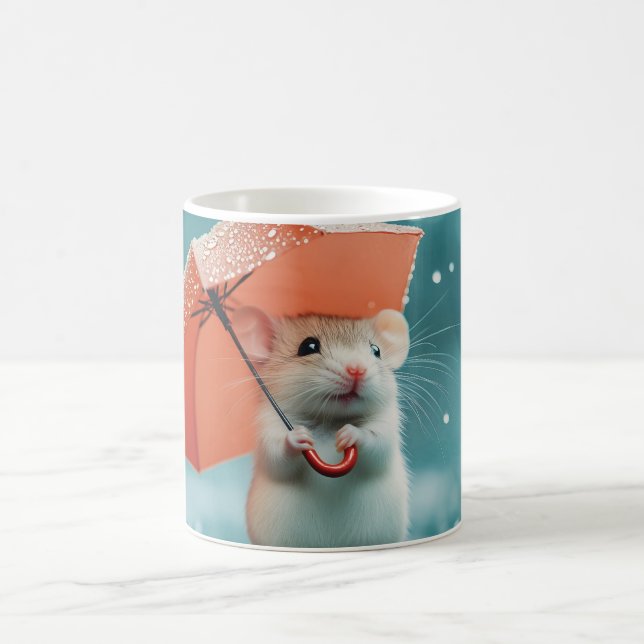 Mouse with Umbrella in Rain: Cute Rainy Day Scene Coffee Mug (Center)