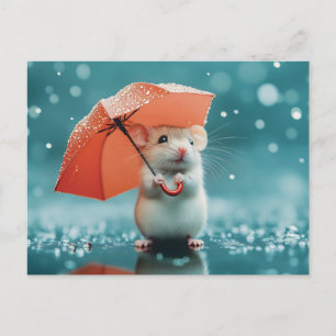 Mouse with Umbrella in Rain: Cute Rainy Day Scene Holiday Postcard