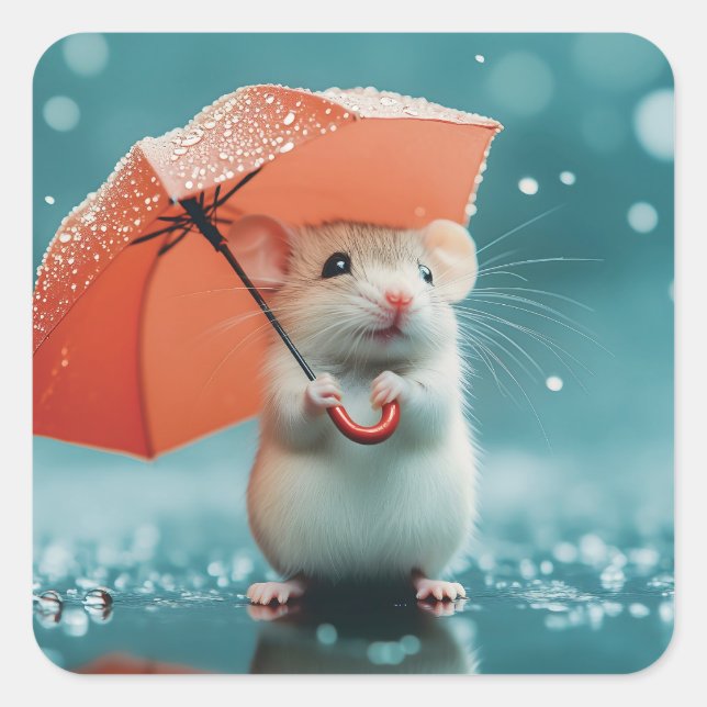Mouse with Umbrella in Rain: Cute Rainy Day Scene Square Sticker (Front)