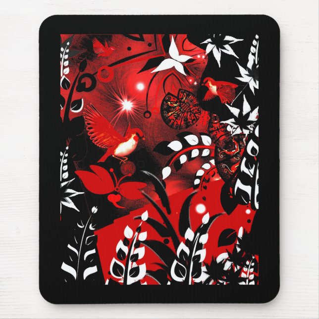 Mousepad Asian Floral Red Birds (Front)