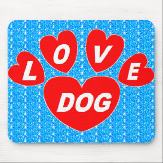 Mousepad Love Dog Hearts Red on Bright Blue