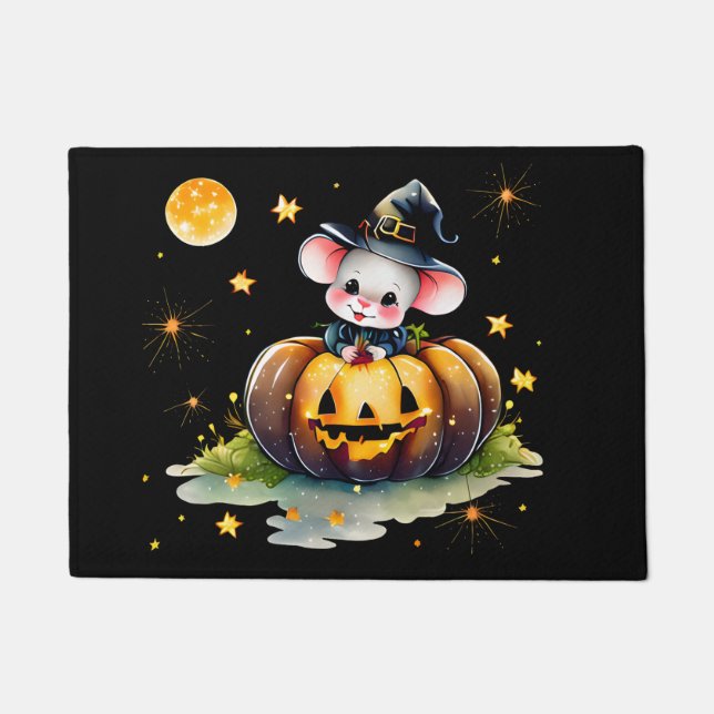 Mousey Witch Halloween Door Mat Black Background (Front)