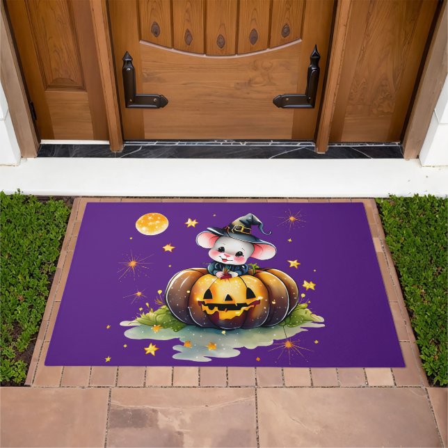 Mousey Witch Halloween Door Mat Purple Background (Outdoor)