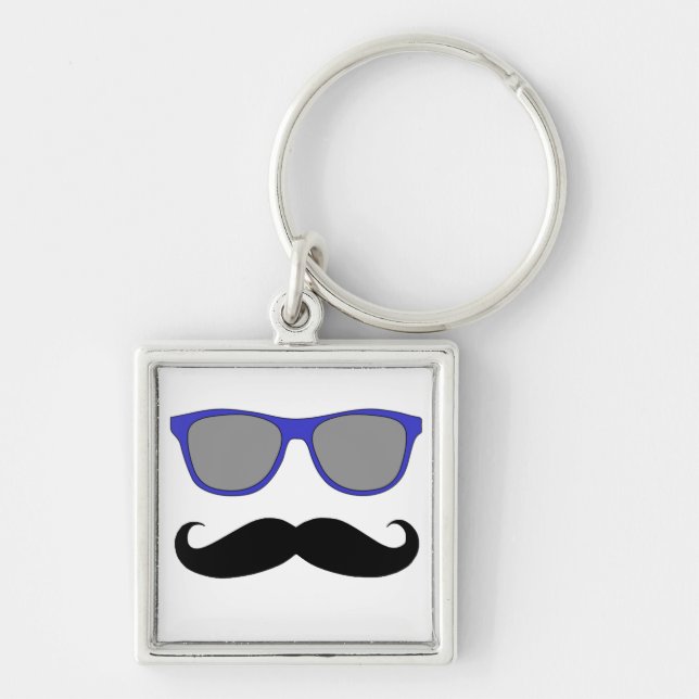 Moustache and Blue Sunglasses Humour Keychain (Front)