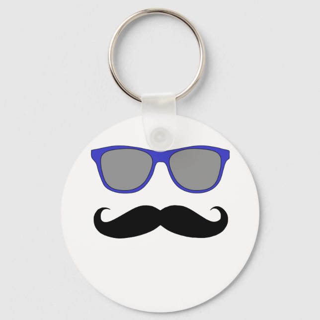 Moustache and Blue Sunglasses Humour Keychain (Front)