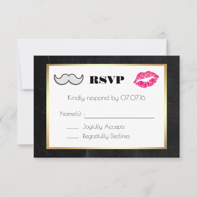 Moustache and Lips Black and Gold Wedding RSVP (Front)