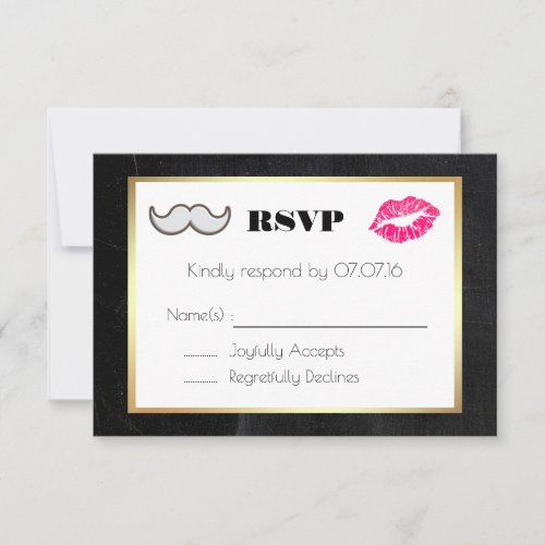 Moustache and Lips Black and Gold Wedding RSVP