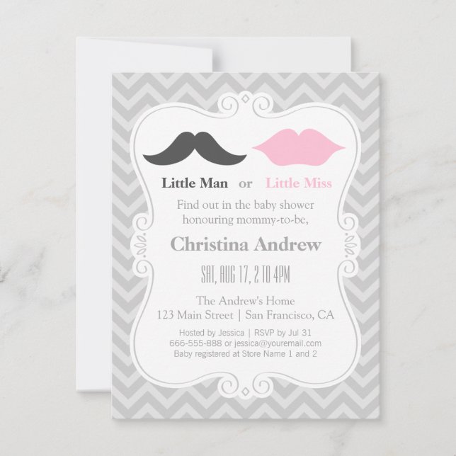Moustache and Lips Grey Gender Reveal Baby Shower Invitation (Front)