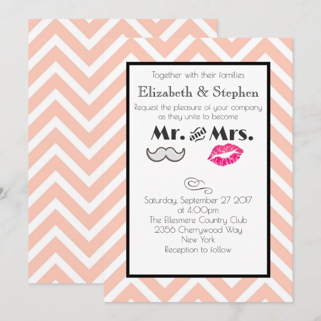 Moustache and Lips Mr. and Mrs. Peach Wedding Invitation (Front/Back)