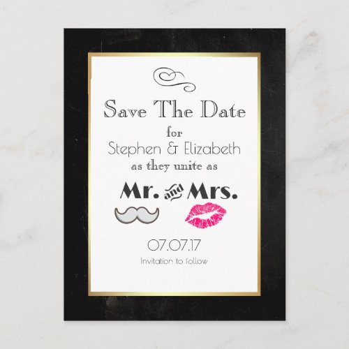 Moustache and Lips Mr and Mrs Save the Date Announcement Postcard