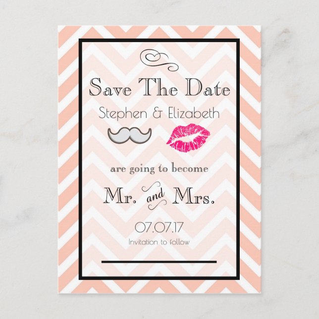 Moustache and Lips Peach Chevron Save the Date Announcement Postcard (Front)